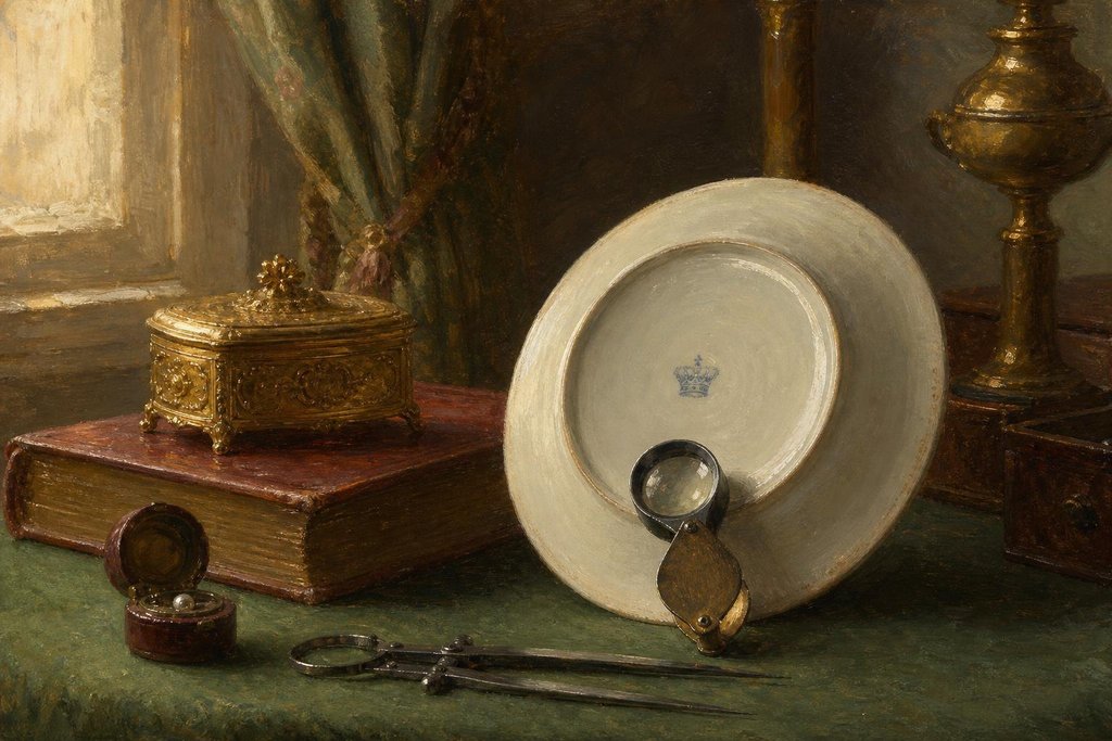 Jeweler's loupe on the underside of a porcelain plate with a faint blue crown mark, a book and calipers (AI-generated image)