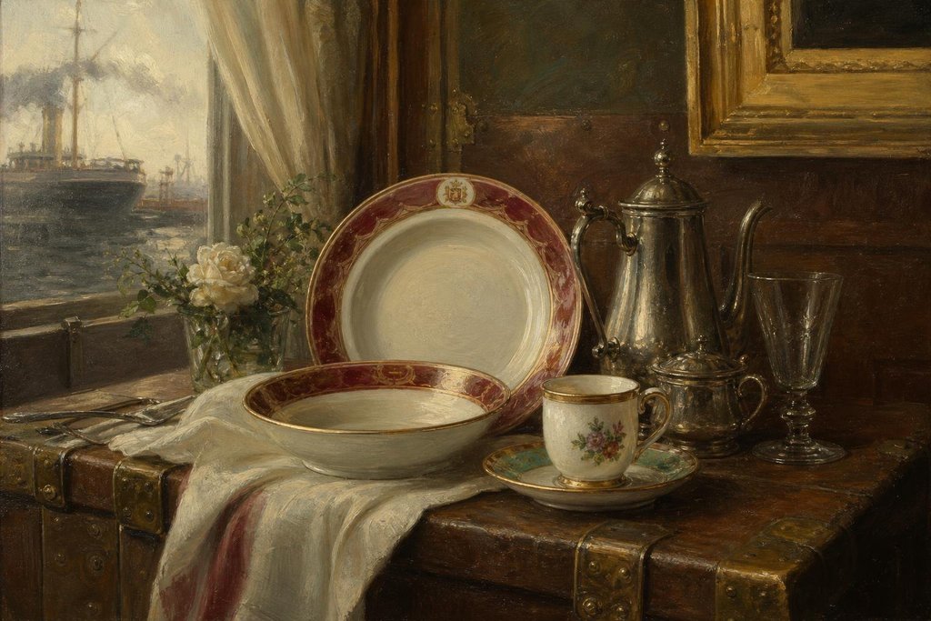 Antique railroad dining china and a small Limoges cup set out on a shipping table (AI-generated image)