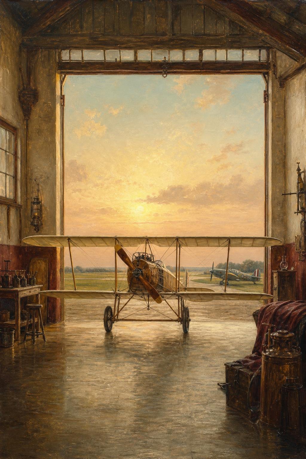 Grass airfield hangar at dawn with a restored wooden biplane and a vintage fighter plane (AI-generated image)