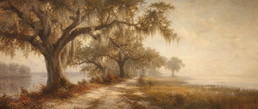 Painting of live oaks draped in Spanish moss standing in morning fog (AI-generated image)